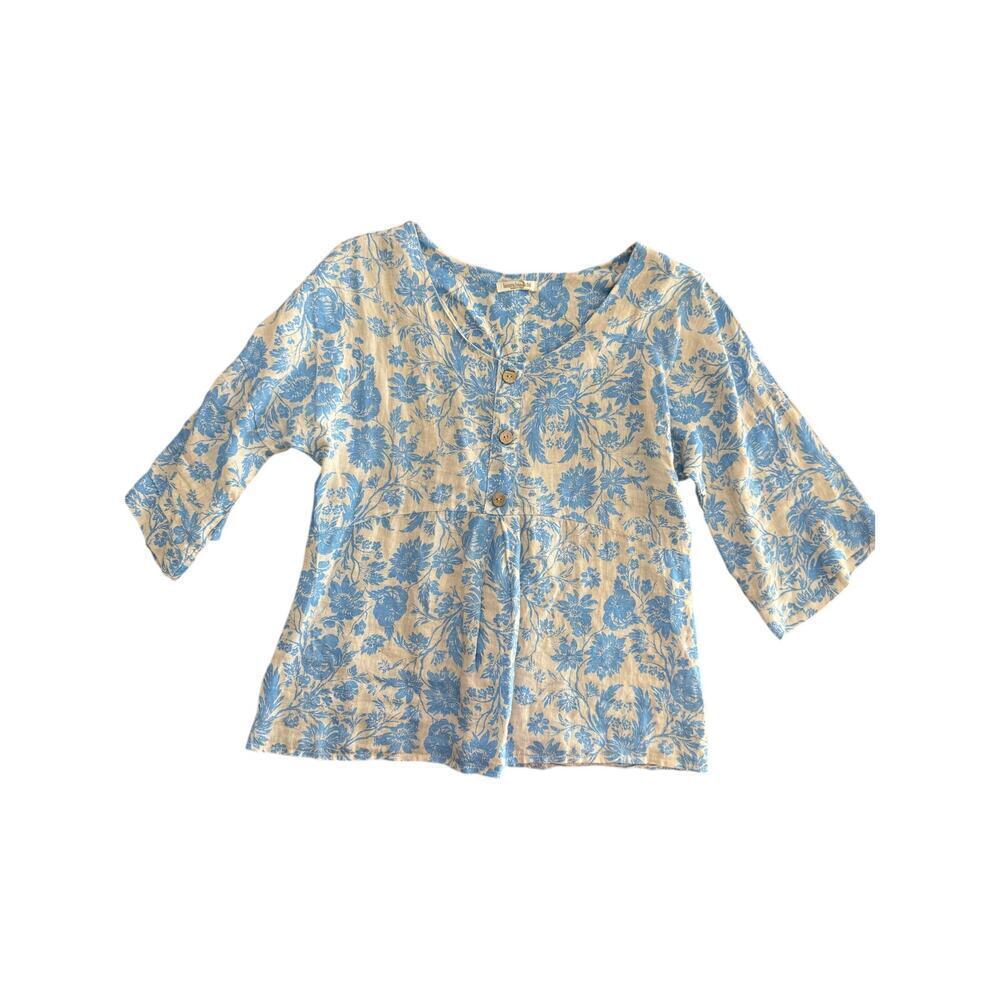 Laura Bianchi Women's Blue Gray Floral Print Linen 3/4 Sleeves Top Size Medium